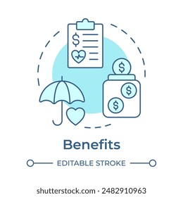 Benefits soft blue concept icon. Payment practice, salary. Insurance umbrella, healthcare. Round shape line illustration. Abstract idea. Graphic design. Easy to use in infographic, presentation
