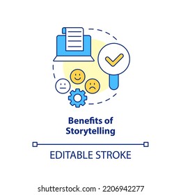 Benefits of storytelling concept icon. Communication way. How to use case studies abstract idea thin line illustration. Isolated outline drawing. Editable stroke. Arial, Myriad Pro-Bold fonts used