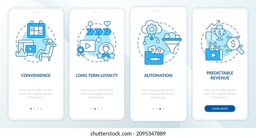 Benefits of subscription services blue onboarding mobile app screen. Walkthrough 4 steps graphic instructions pages with linear concepts. UI, UX, GUI template. Myriad Pro-Bold, Regular fonts used