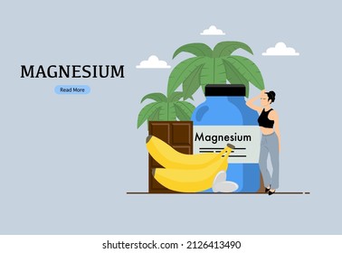 Benefits of taking Magnesium concept. Capsules, Banana, Chocolate and woman having a headache beside a bottle on coconut tree background and magnesium text. flat style vector illustration.