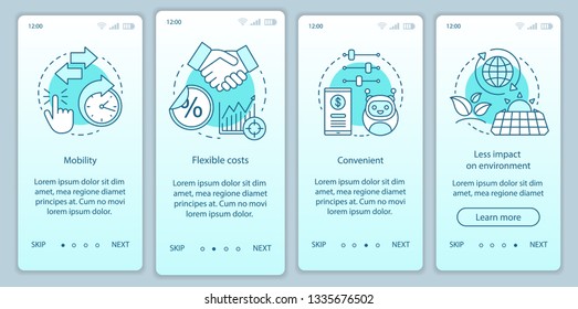 Benefits of technology onboarding mobile app page screen with linear concepts. Business strategy advantages walkthrough steps graphic instructions. UX, UI, GUI vector template with illustrations