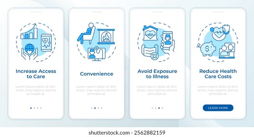 Benefits of telehealth blue onboarding mobile app screen. Walkthrough 4 steps editable graphic instructions with linear concepts. UI, UX, GUI template