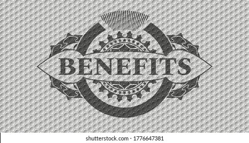 Benefits text inside grey color shiny hexagon pattern realistic badge. Trendy background. Artistic illustration. 
