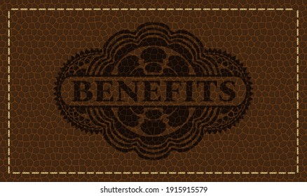 Benefits text inside leather badge. Wallet handsome background. Intense illustration. 