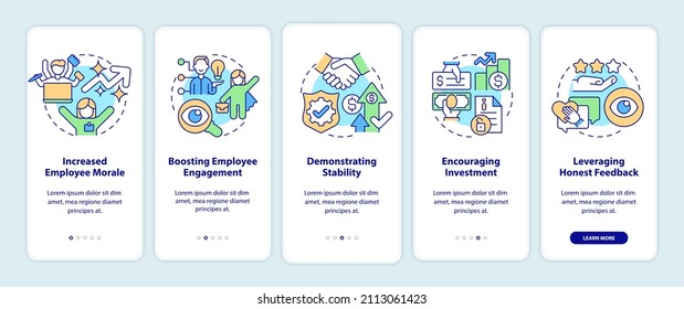 Benefits of transparency onboarding mobile app screen. Business walkthrough 5 steps graphic instructions pages with linear concepts. UI, UX, GUI template. Myriad Pro-Bold, Regular fonts used