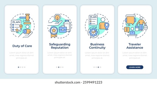 Benefits of travel risk management onboarding mobile app screen. Walkthrough 4 steps editable graphic instructions with linear concepts. UI, UX, GUI template