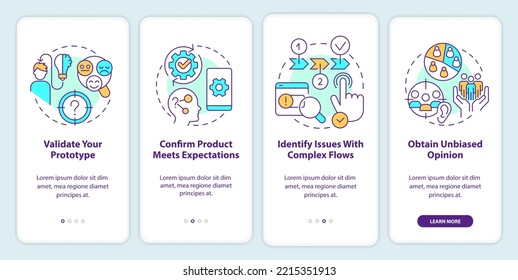 Benefits of usability testing onboarding mobile app screen. Evaluation walkthrough 4 steps editable graphic instructions with linear concepts. UI, UX, GUI template. Myriad Pro-Bold, Regular fonts used