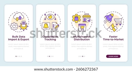 Benefits of using PIM system onboarding mobile app screen. E commerce. Walkthrough 4 steps editable graphic instructions with linear concepts. UI, UX, GUI