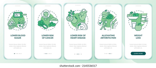 Benefits of vegan diet green onboarding mobile app screen. Veganism walkthrough 5 steps graphic instructions pages with linear concepts. UI, UX, GUI template. Myriad Pro-Bold, Regular fonts used