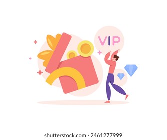 benefits as a VIP or priority member. membership benefits. rewards from royalty programs. a VIP member is happy because he received a gift. produce a surprise or special gift. illustration concept 