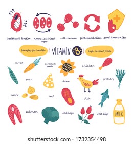 
The benefits of vitamin B for the human body. Foods high in vitamin B. Vector illustration on a white background.