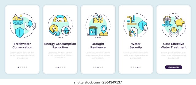 Benefits of water recycling onboarding mobile app screen. Walkthrough 5 steps editable graphic instructions with linear concepts. UI, UX, GUI template