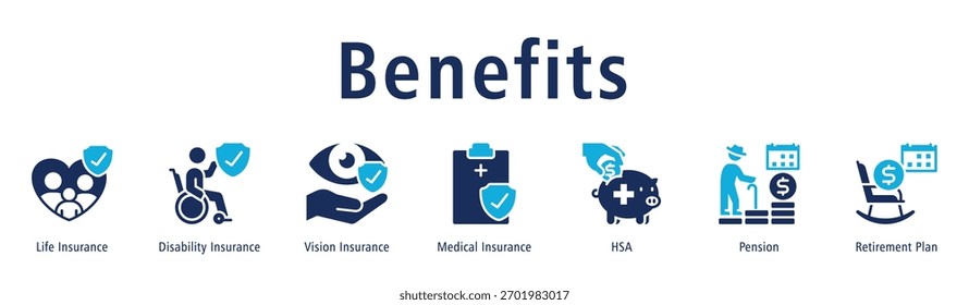 Concepto de Ilustración vectorial de ícono de Anuncio de Web de beneficios con ícono de seguro de vida, seguro de discapacidad, seguro visual, seguro médico, HSA, pensión y Plan de jubilación.