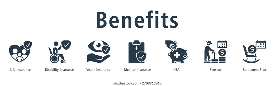 Leistungen Web-Banner Symbol Vektorgrafik-Konzept mit Symbol der Lebensversicherung, Behindertenversicherung, Vision Versicherung, Krankenversicherung, HSA, Rente, und Altersvorsorge.
