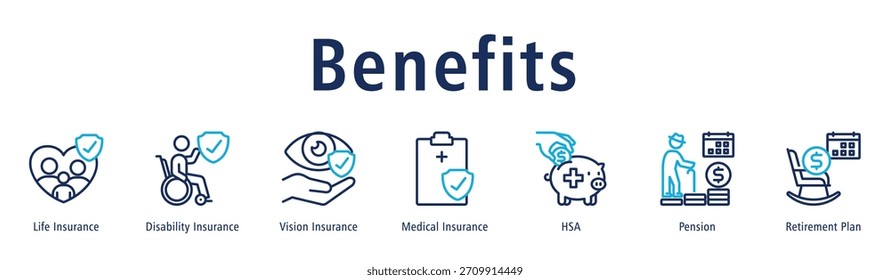 Leistungen Web-Banner Symbol Vektorgrafik-Konzept mit Symbol der Lebensversicherung, Behindertenversicherung, Vision Versicherung, Krankenversicherung, HSA, Rente, und Altersvorsorge.