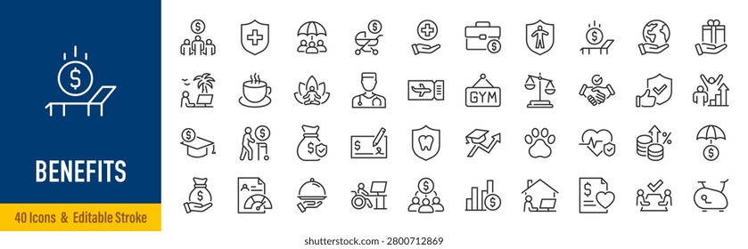 Benefits Web Icons in Line Style. Insurance, Healthcare, Retirement, Wellness, Compensation, Paid Leave, Rewards, Work-Life Balance Collection. Editable Stroke. Vector.