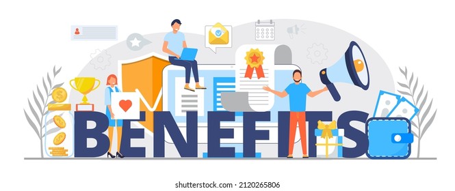 Benefits for worker, buyer. Big letters with employees, money, winner cup Employee, teamwork benefits package vector for web, UI, banner, social net story.