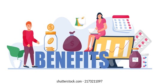 Benefits For Worker, Buyer. Employee, Teamwork Benefits Package Vector For Web, UI, Banner, Social Net Story. Big Letters With Employees, Money. 