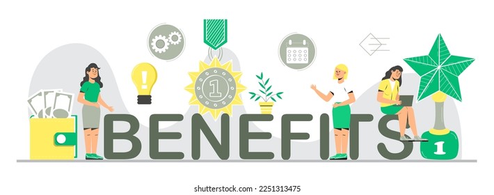 Benefits for worker, buyer. Employee, teamwork benefits package vector for web, UI, banner, social net story. Big letters with employees, money, winner cup. 
