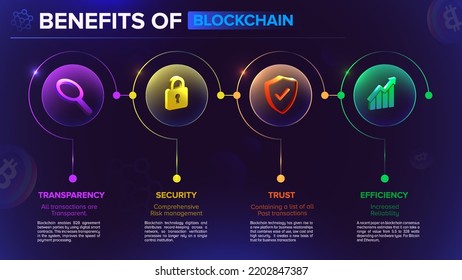 Benefits and workflow of Blockchain and Cryptocurrency technology infographics vector illustration