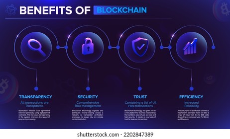 Benefits and workflow of Blockchain and Cryptocurrency technology infographics vector illustration