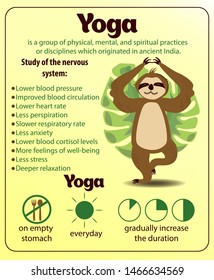 benefits of yoga infographic. sloth sitting in yoga pose with leaves. child poster, cute stationery.