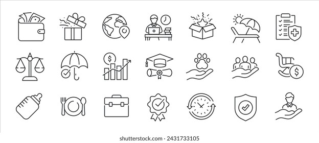 Beneftis simple minimal thin line icons. Related bonus, incentive, compensation, career. Vector illustration.