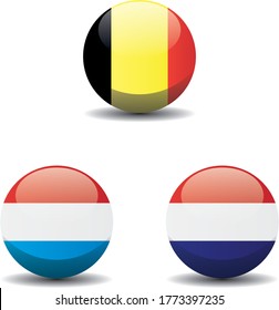 Benelux countries national circle button flags background texture. The Benelux Union 3d vector illustration symbol.