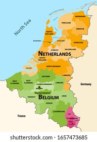 Benelux countries vector regions map: Belgium, Netherlands and Luxembourg, with neighbouring countries and territories