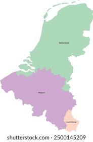 Benelux map with three countries Belgium, the Netherlands, and Luxembourg