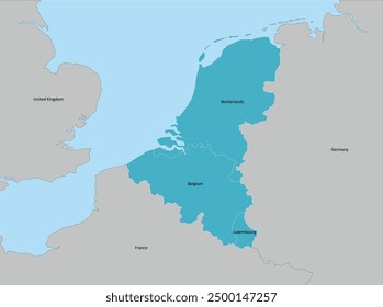 Mapa del Benelux con tres países: Bélgica, Países Bajos y Luxemburgo y países circundantes