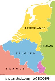 Benelux single states political map. Region formed by the countries Belgium, Netherlands and Luxembourg. The name Benelux comes from the first letters of the countries. Illustration over white. Vector