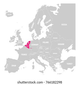 Benelux states Belgium, Netherlands and Luxembourg pink highlighted in the political map of Europe. Vector illustration.