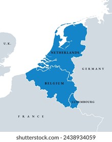 Benelux Union countries, political map. Members of the politico-economic union and formal international intergovernmental cooperation of the European states Belgium, the Netherlands, and Luxembourg.