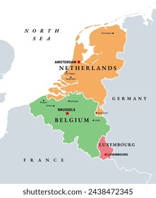 Benelux, Benelux-Mitgliedstaaten, politische Landkarte. Politische und wirtschaftliche Union und formelle internationale zwischenstaatliche Zusammenarbeit der europäischen Staaten Belgien, Niederlande und Luxemburg.