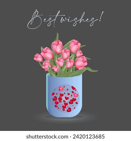 Bener, postcard, congratulation, with a vector image of beautiful pink flowers in a blue vase with hearts of different shapes and colors, a manifestation of feelings, care.