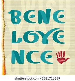 Benevolence Concept with Love Logo in Middle as Letters Swapping Result and Heart Shaped Palm Sign - Lettering on I Wish You Good Beige Background with Film Frame Burn Edge - Vector Graphic Design