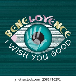 Benevolence Eye Shape Concept with Love Logo in Middle as Letters Swapping Result and Heart Shaped Palm Sign Reflection on Eyeball - I Wish You Good Lettering on Background - Vector Graphic Design