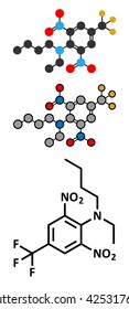 Benfluralin herbicide molecule. Stylized 2D renderings and conventional skeletal formula.