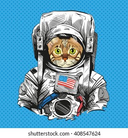  Bengal cat in astronaut suit. Hand drawn vector illustration