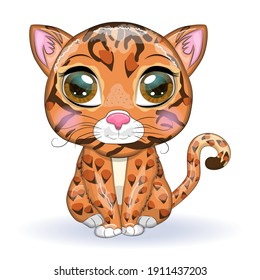 Bengal cat with beautiful eyes in cartoon style, hybrid, colorful illustration for children. Bengal cat with characteristic spots and colors
