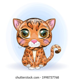 Bengal cat with beautiful eyes in cartoon style, hybrid, colorful illustration for children. Bengal cat with characteristic spots and colors