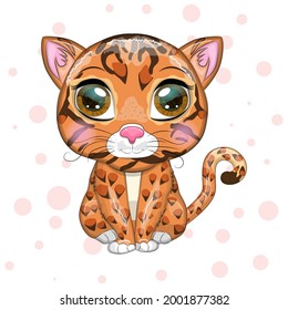 Bengal cat with beautiful eyes in cartoon style, hybrid, colorful illustration for children. Bengal cat with characteristic spots and colors