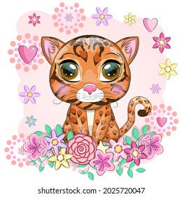 Bengal cat with beautiful eyes in cartoon style, hybrid, colorful illustration for children. Bengal cat with characteristic spots and colors
