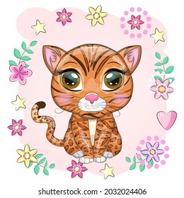 Bengal cat with beautiful eyes in cartoon style, hybrid, colorful illustration for children. Bengal cat with characteristic spots and colors