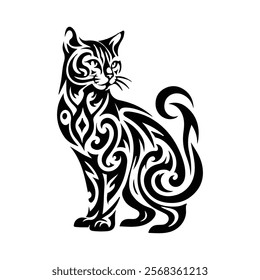 Bengal cat in modern tribal tattoo, abstract line art of animals, minimalist design.