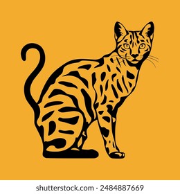 Bengal cat silhouette sitting gracefully on yellow background.