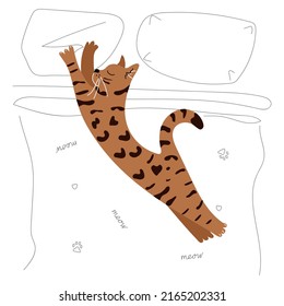 Bengal cat is sleeping stretched out on the bed. Cute pets. Pedigreed cats. Vector hand drawn illustration on a white background