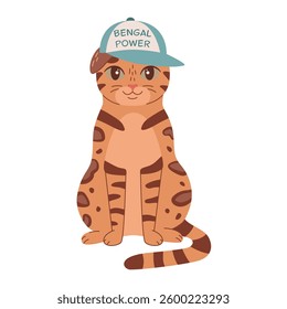 Bengal cat with spots and stripes in the cap. Vector illustration of brown tabby home kitten. Striped breed of little home leopard