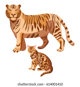 Bengal cats isolated on white. Big tiger and little spotted kitten. Domestic cat breed developed to look like exotic jungle animals such as leopards or ocelots vector illustration